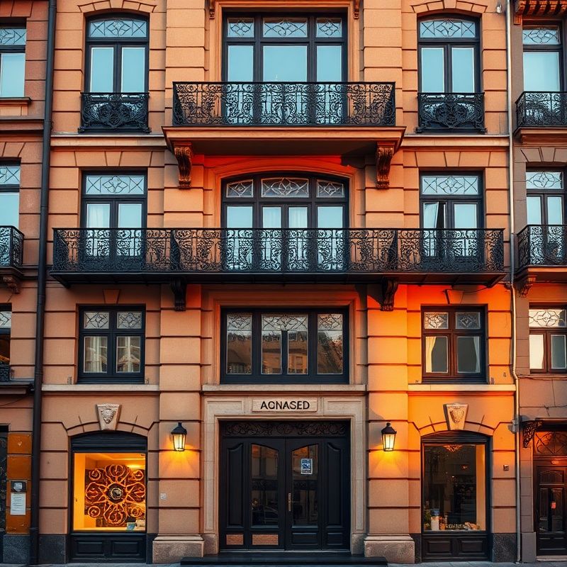 Fațadă Art Nouveau din Timișoara în lumina aurie a apusului